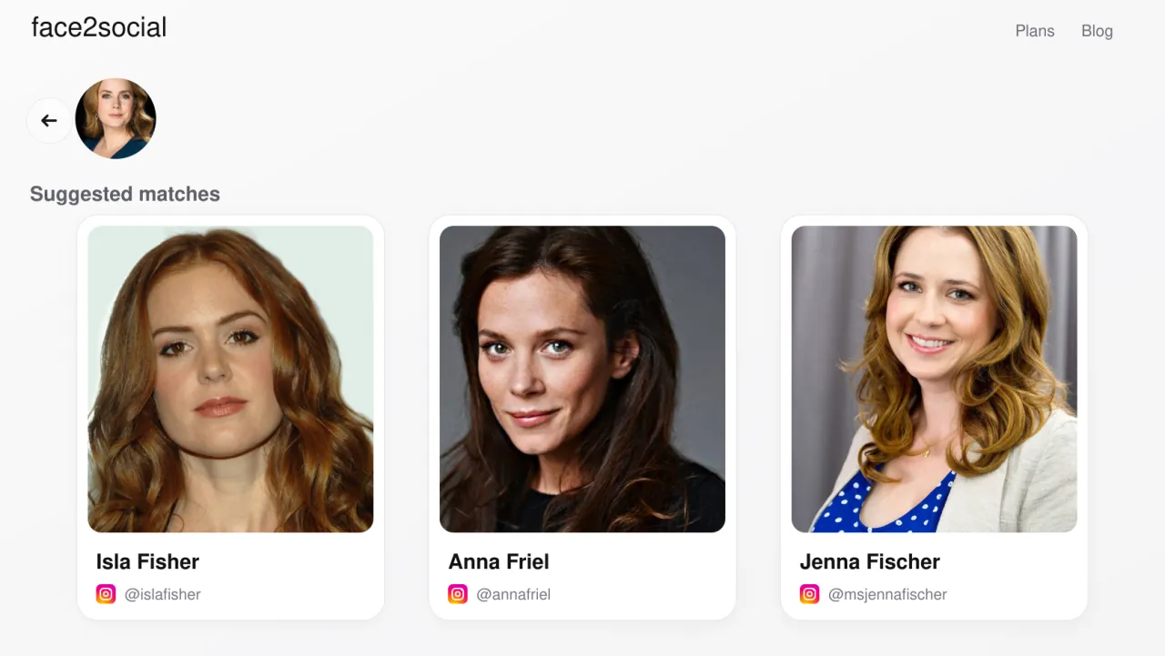 Example face2social result for a photo of Amy Adams: suggested matches Isla Fisher, Anna Friel and Jenna Fischer