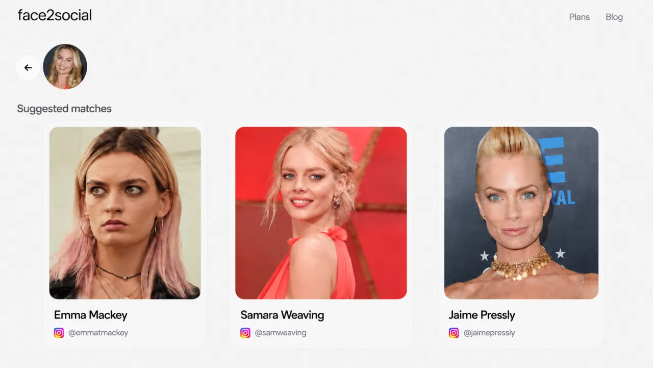 Example face2social result for a photo of Margot Robbie: suggested matches Emma Mackey, Samara Weaving and Jaime Pressly