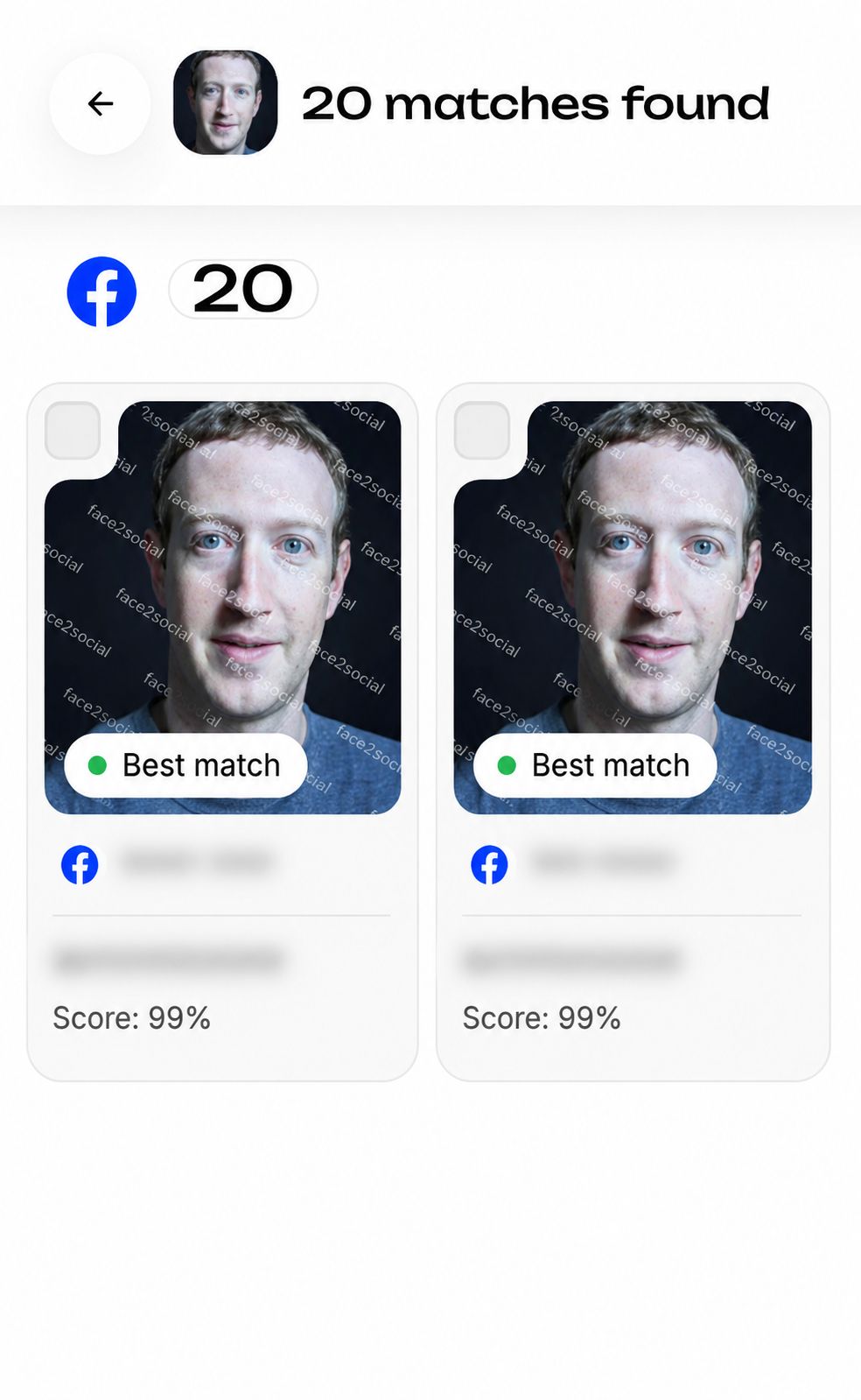 Example Facebook face search result: possible profile matches with blurred previews