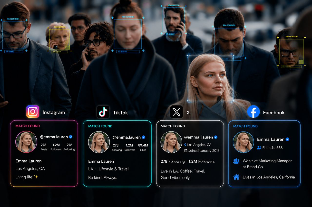 Example AI reverse image search result: possible social profile matches with blurred previews