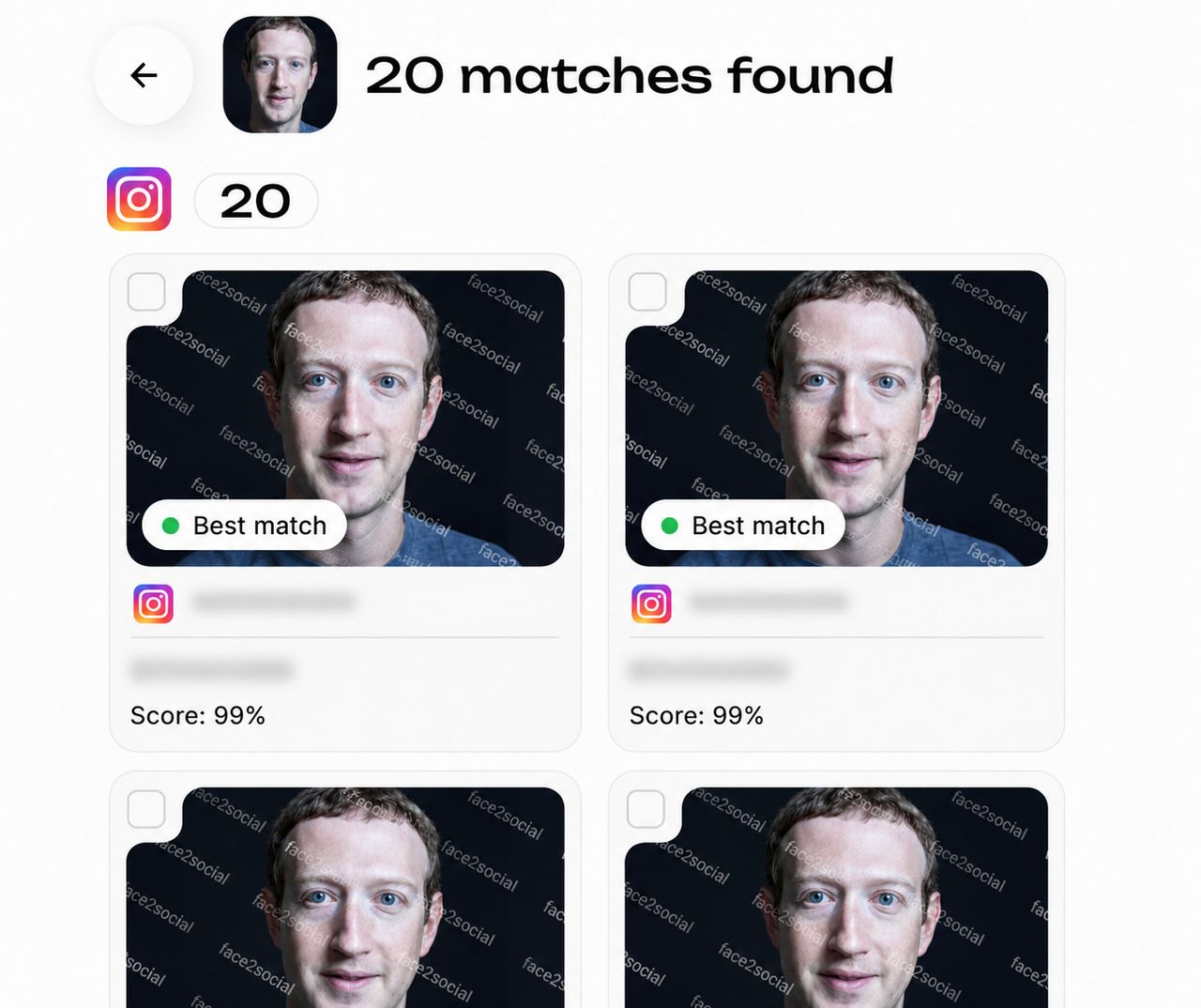 Example Instagram face search result: possible matches with blurred previews