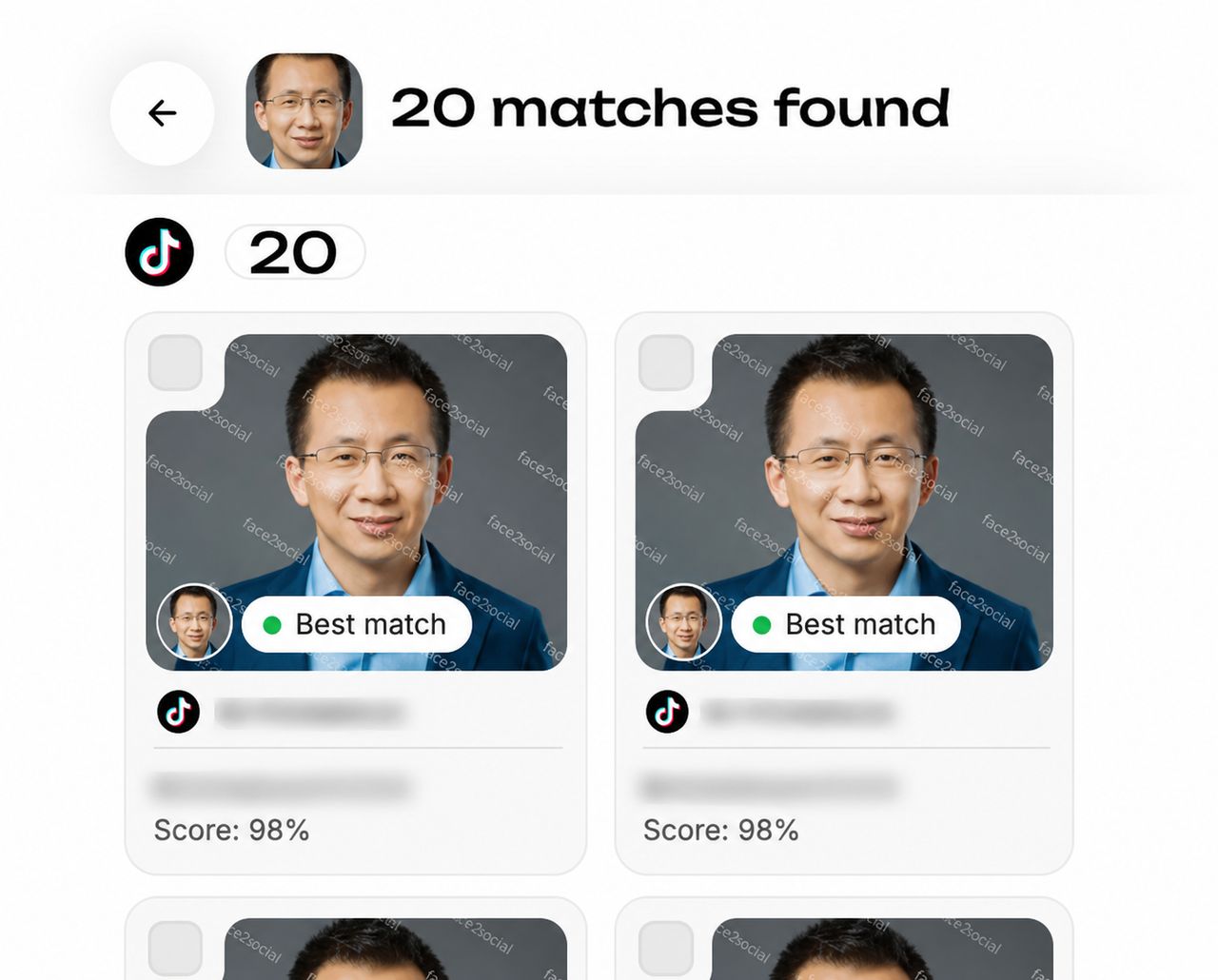 Example TikTok reverse image search result: possible matches with blurred previews and confidence scores