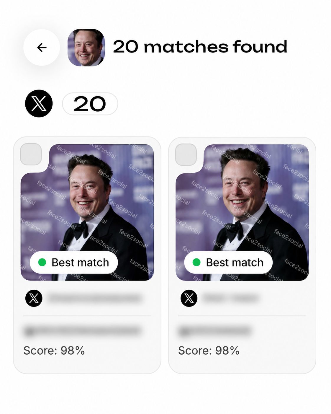Example X reverse image search result: possible profiles with blurred previews